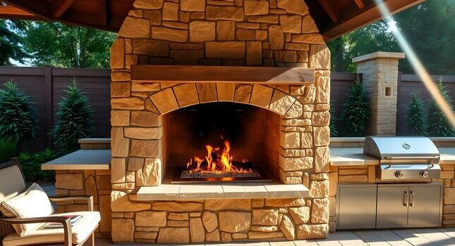 indoor and outdoor masonry fireplace