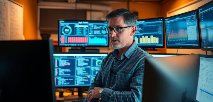 A senior developer mentors a team through real-world app maintenance scenarios in a tech support center, showcasing performance monitoring and incident management. The scene uses cinematic lighting with stable blue system indicators contrasting against warm office tones, demonstrating essential lessons in app maintenance and support from actual projects.